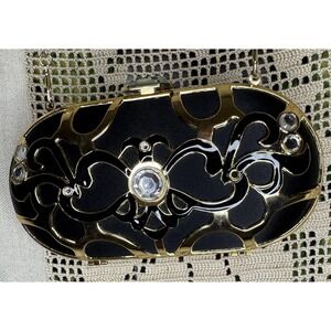 Rhinestone Evening Clutch Womens Black Gold Hardcase Minaudiere Chain Strap